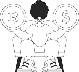 Inspiring man holding bitcoin and dollar coin in his hands. Linear black and white style.