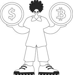A stunning man is holding a bitcoin and dollar coin. Linear black and white style.