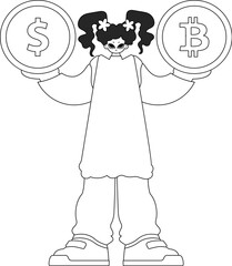 Creative woman holding bitcoin and dollar coin. Newspaper black and white style.
