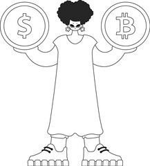 Charming woman holding bitcoin and dollar coin. Newspaper black and white style.