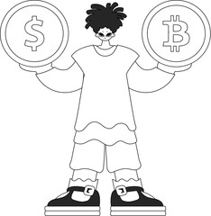 A stunning man holds a bitcoin and dollar coin in his hands. Linear newspaper black and white style.