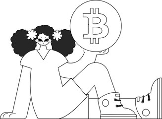 Charming woman holding a bitcoin coin. Newspaper black and white style.