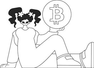 Charming woman holding a bitcoin coin. Linear newspaper black and white style.