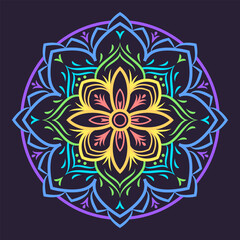 Circular pattern in form of mandala in rainbow colors on a dark background. Decorative ornament. Vector illustration.