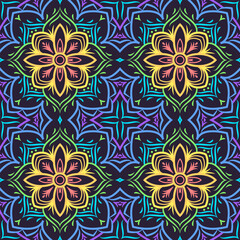 Seamless symmetrical pattern with mandala, rainbow lines on a dark background. Vector illustration.