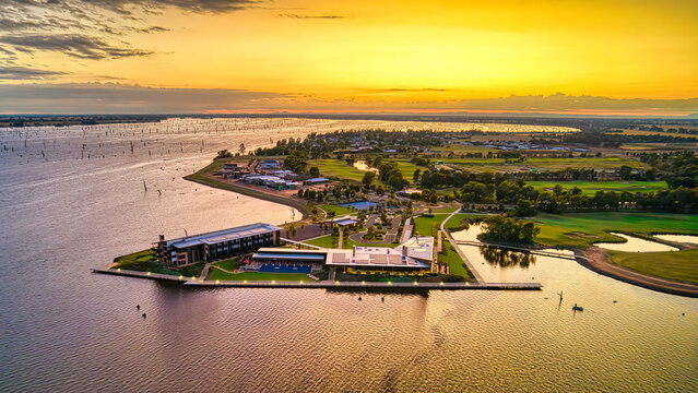 Beautiful Sunrise Light Over Lake Mulwala and the Sebel Hotel Yarrawonga