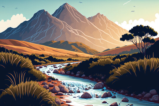 Piped water running against a hazy mountain backdrop. filming took place at the Hottentots Holland Mountains nature reserve, close to Somerset West in Cape Town, Western Cape, South Africa. Generative