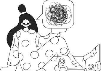 Distressed woman demonstrates confused thoughts. Theme of psychology. Newspaper black and white style.