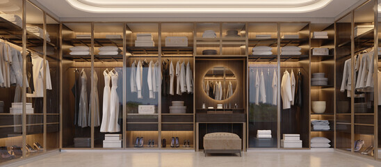 Obraz na płótnie Canvas Panorama of luxury walk in closet interior with wood and gold elements.3d rendering