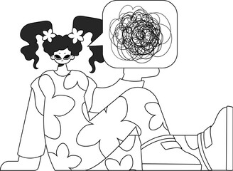 Worried woman demonstrates confused thoughts. Theme of psychology. Linear newspaper black and white style.