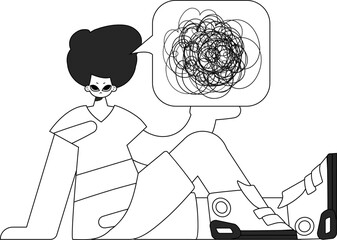 Worried man demonstrates confused thoughts. Theme of psychology. Linear black and white style.