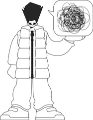 Anxious man showing confused thoughts. Theme of psychology. Linear newspaper black and white style.