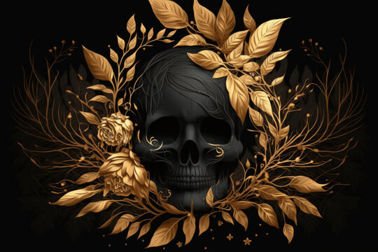 Isolated on a black background, a black skull is surrounded by golden rose blooms and black leaves. Innovative Santa Muerte or Halloween concept. Simple darkly romantic concept. Lay flat. Generative