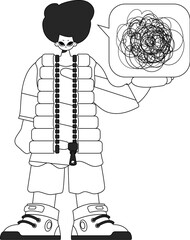 Excited man shows confused thoughts. Theme of psychology. Newspaper black and white style.