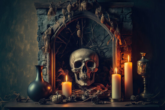 Background of a mystical Halloween still life. Old fireplace, candlestick with candles, and skull. Witchcraft and horror. Generative AI