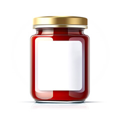 Glass Jar of Strawberry Jam with Blank Label over White Background