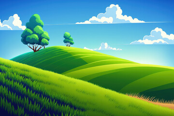 Green grass on a slope is seen in the background of a landscape with a blue sky and clouds. Generative AI