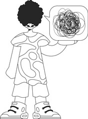 Displeased man demonstrates confused thoughts. Theme of psychology. Newspaper black and white style.