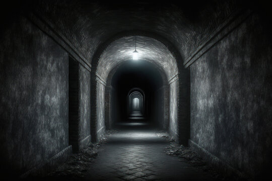 Dark Hallway Mysterious Interior Of A Tunnel And A Dark, Deserted Hallway In An Abandoned Home. Spooky Hallway In The Dark. Road To Hell, The Interior Of A Deserted Home. An Outdated, Deserted Structu