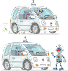 Funny toy robot driving a cute small electric car, vector cartoon illustrations isolated on a white background