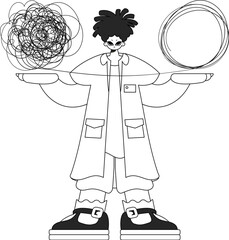 Skilled male doctor demonstrates confused thoughts. Theme of psychology. Linear newspaper black and white style.