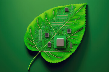 On the circuit board's convergent point, there is a green leaf. Digital convergence and technological convergence in nature. Concepts for CSR, green technology, green computing, and IT ethics