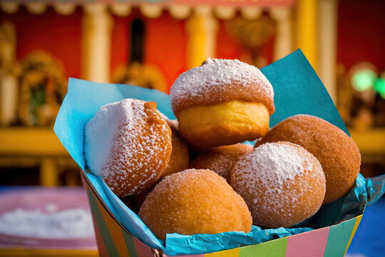 A fried doughnut known as a castagnole, favette, fritelle, or frittole is an Italian treat. Donut Holes are filled with sugar and fried in oil till golden brown. Homemade. carnival fare. Generative AI