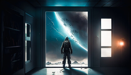 Obraz premium Astride the Cosmos A Man in a Spacesuit Standing in Front of a Spaceship Window