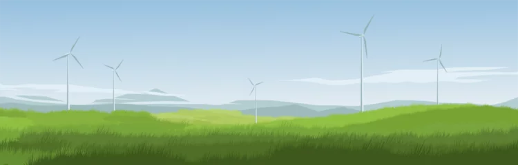Fotobehang Countryside meadow panoramic landscape with wind turbines © Johnster Designs