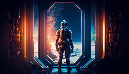 Astride the Cosmos A Man in a Spacesuit Standing in Front of a Spaceship Window