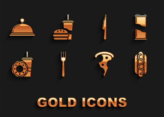 Set Fork, Soda can, Hotdog sandwich with mustard, Slice of pizza, Paper glass drinking straw donut, Knife, Covered tray food and burger icon. Vector