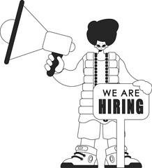 Competent HR specialist man holding a megaphone in his hands. HR topic. Linear black and white style.