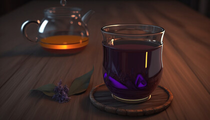 Fresh Glass of Purple Tea on a wooden table, visible tea leaves, infusion tea, dark background, focus on drink, purple leaf, brewing tea, tea saucer, kettle, teapot