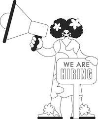 Competent HR specialist woman holding a megaphone in her hands. HR topic. Linear newspaper black and white style.