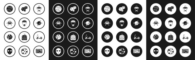 Set UFO abducts cow, Space capsule and parachute, flying spaceship, Planet Mars, Satellites orbiting the planet Earth, Asteroid, rover and Saturn icon. Vector