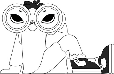 A trained HR specialist man looks through binoculars. HR topic. Linear black and white style.