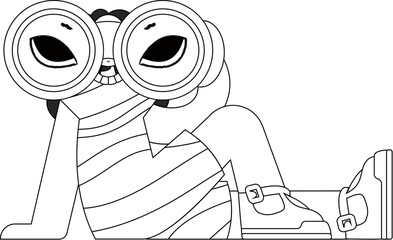 Trained HR woman looking through binoculars. HR topic. Newspaper black and white style.