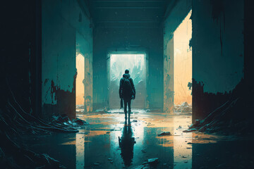  illustration painting of a man walking through a dark, waterlogged path in an abandoned building, digital art style. (ai generated)