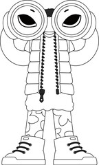 Qualified HR specialist woman looks through binoculars. HR topic. Newspaper black and white style.