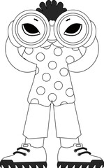 Qualified HR specialist man looks through binoculars. HR topic. Newspaper black and white style.