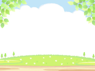 芝生と花と葉と青空　楽しい広場の風景