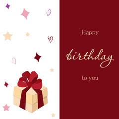 Birthday greeting card template with gift box and holiday elements drawn in doodle style
