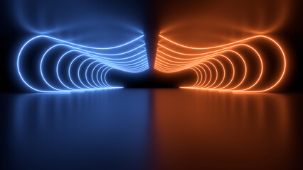 Sci Fy neon glowing wave lines in a dark tunnel. Reflections on the floor and ceiling. 3d rendering image. Abstract glowing lines. Techology futuristic background.