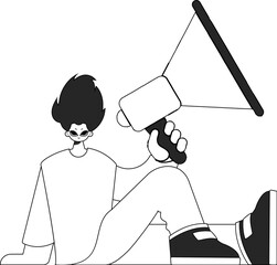 Expert HR specialist man holding a megaphone in his hands. HR topic. Newspaper black and white style.