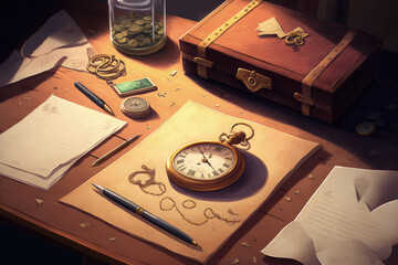 on a wooden table with an ancient watch, papers, letters, envelopes, and scissors. Generative AI