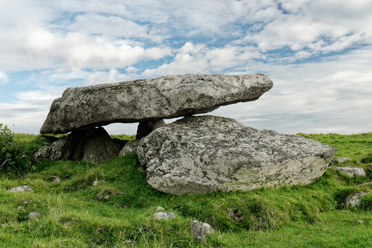 Knockbrack megalithic chambered tomb burial chamber dolmen also known as Labbadermot. Above east end of Sallerna Beach, Cleggan, Connemara, Ireland