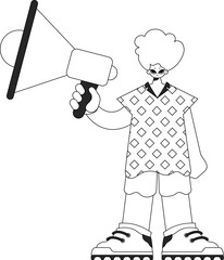 Accomplished HR specialist man holding a megaphone. HR topic. Newspaper black and white style.