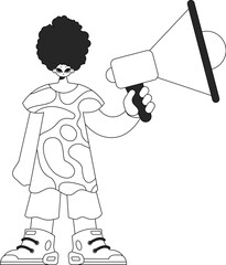 Efficient HR specialist man holding a megaphone in his hands. HR topic. Newspaper black and white style.