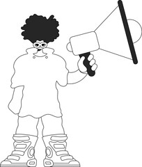 Efficient HR specialist man holding a megaphone in his hands. HR topic. Linear newspaper black and white style.