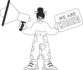 Skilled HR specialist woman holding a megaphone in her hands. HR topic. Linear newspaper black and white style.